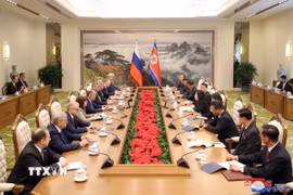 Ngoại trưởng Nga Sergei Lavrov (thứ tư, trái) và Bộ trưởng Ngoại giao Triều Tiên Choe Son Hui (thứ năm, phải) tại cuộc hội đàm ở Bình Nhưỡng, ngày 19/10/2023. (Ảnh: Yonhap/TTXVN)