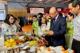 Đại sứ Việt Nam tại Pháp Đinh Toàn Thắng tham quan các gian hàng Việt Nam. (Ảnh: Thu Hà/TTXVN)
