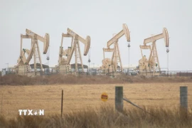 Tháp khoan dầu ở Three Rivers, Texas (Mỹ). (Ảnh: THX/TTXVN)