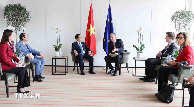 Vice premiärminister Bui Thanh Son arbetar med EU-kommissionären för internationella partnerskap, Jozef Sikela. (Foto: Huong Giang/VNA) ttxvn-bi.jpg