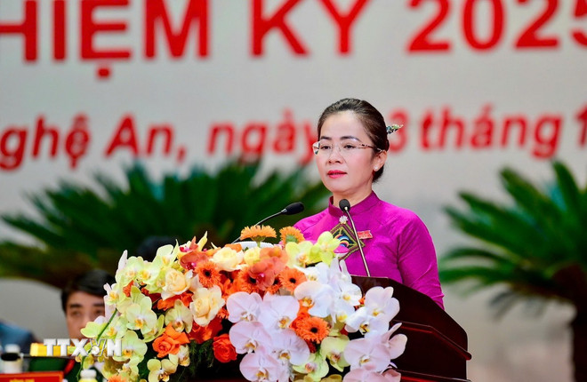 Zastępca sekretarza Komitetu Partii Prowincjonalnej Nghe An, Vo Thi Minh Sinh, przemawia na Kongresie. (Zdjęcie: Trinh Duy Hung/VNA) ttxvn-nghe-an.jpg
