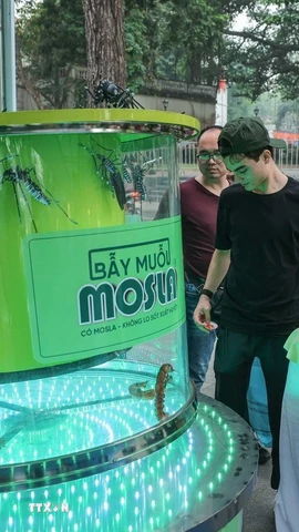 Du khách nước ngoài tham quan gian hàng tại triển lãm Techfest Việt Nam 2025 tại phố đi bộ Hồ Gươm. (Ảnh: Hoàng Hiếu/TTXVN)