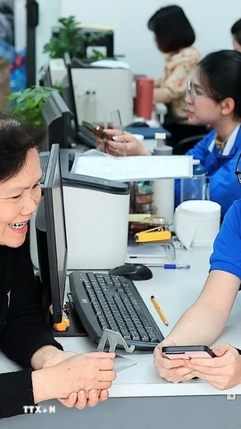 Đoàn viên thanh niên phường Hàng Bồ (quận Hoàn Kiếm, thành phố Hà Nội) hỗ trợ người dân thực hiện thủ tục hành chính công trên thiết bị điện thoại thông minh. (Ảnh: Phạm Hậu/TTXVN)