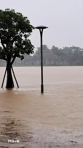 Lũ lên trên báo động 2 gây ngập đường đi bộ ven bờ Nam sông Hương, thành phố Huế. (Ảnh: Nguyên Lý/TTXVN)