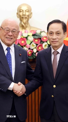 Bộ trưởng Ngoại giao Lê Hoài Trung tiếp Cố vấn đặc biệt Liên minh nghị sỹ hữu nghị Nhật-Việt Takebe Tsutomu. (Ảnh: An Đăng/TTXVN)
