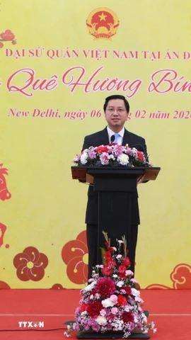 Đại sứ Nguyễn Thanh Hải phát biểu tại buổi lễ. Ảnh: Ngọc Thúy - P/v TTXVN tại Ấn Độ