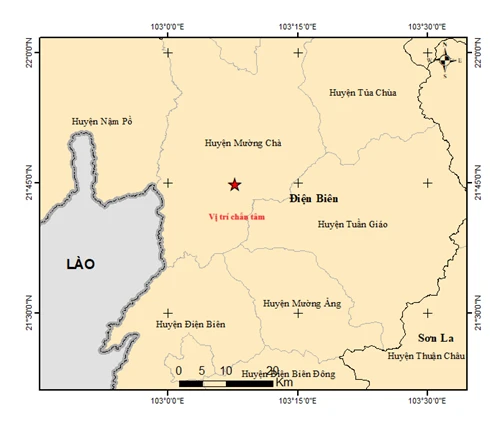 Bản đồ chấn tâm động đất. (Nguồn: Viện Vật lý Địa cầu)