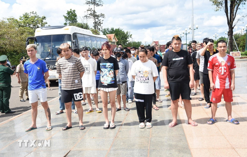 65 công dân Việt Nam liên quan hoạt động lừa đảo trực tuyến được cơ quan chức năng Campuchia trao trả. (Ảnh: Đậu Tất Thành/TTXVN)