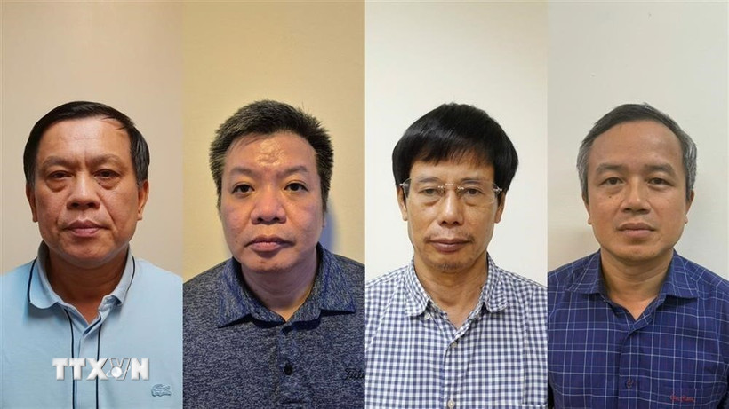 Các bị can từ trái qua phải: Nguyễn Bá Hoan, Tống Hải Nam, Nguyễn Gia Liêm, Phạm Viết Hương. (Ảnh: TTXVN phát)