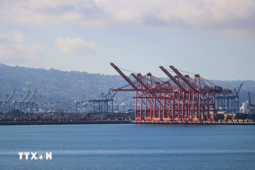 Quang cảnh cảng hàng hóa Long Beach, California, Mỹ. (Ảnh: THX/TTXVN)