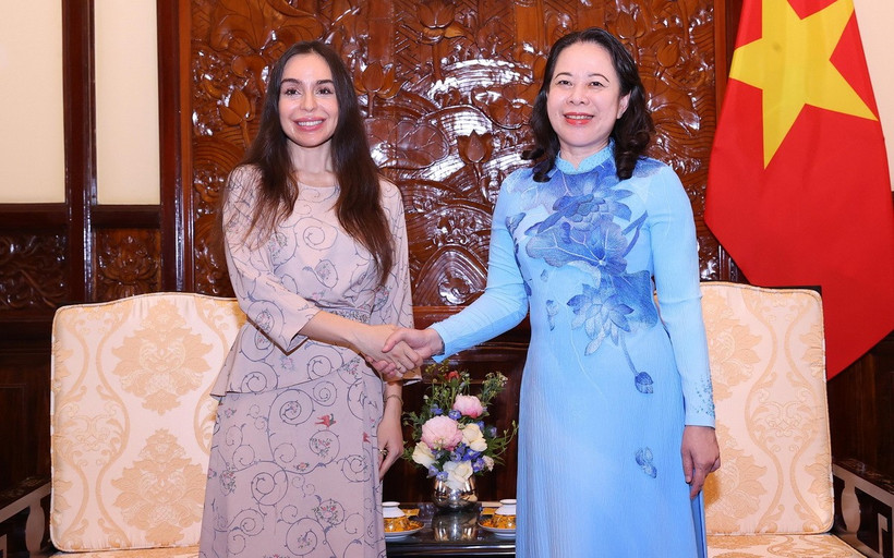 Phó Chủ tịch nước Võ Thị Ánh Xuân tiếp bà Leyla Aliyeva, Phó Chủ tịch Quỹ Heydar Aliyev (Azerbaijan). (Ảnh: Văn Điệp/TTXVN)