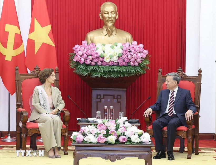 Tổng Bí thư Tô Lâm tiếp Tổng Giám đốc UNESCO Audrey Azoulay. (Ảnh: Thống Nhất/TTXVN)