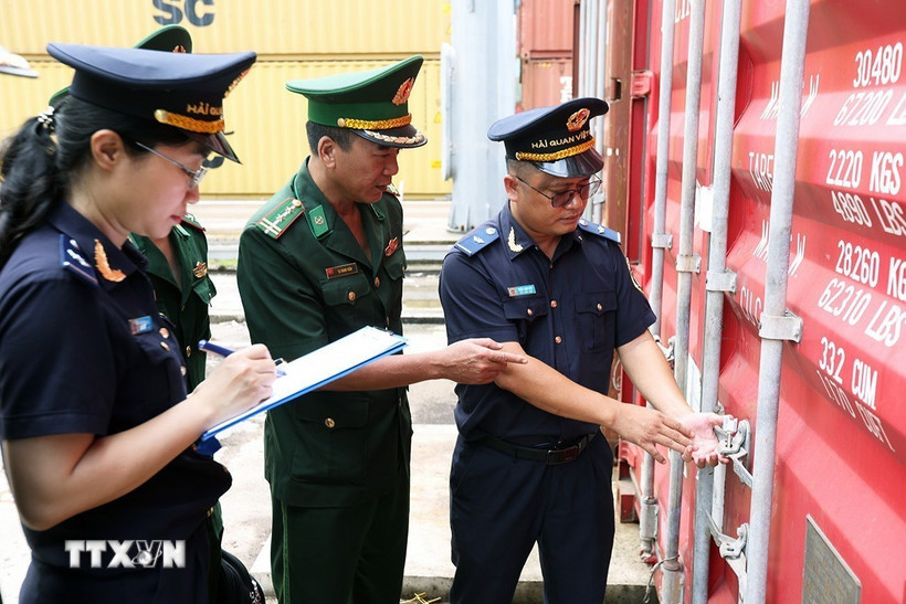 Lực lượng hải quan và bộ đội biên phòng phối hợp giám sát kho bãi container hàng hóa xuất nhập khẩu tại cảng Quy Nhơn, tỉnh Gia Lai. (Ảnh: Vũ Sinh/TTXVN)