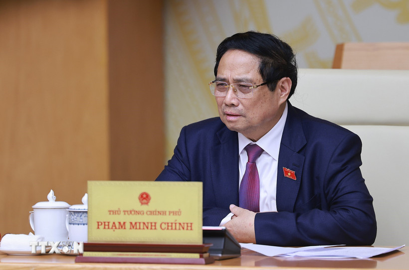 Thủ tướng Phạm Minh Chính chủ trì phiên họp thứ 21 của Ban Chỉ đạo quốc gia về phòng, chống khai thác hải sản bất hợp pháp. (Ảnh: Dương Giang/TTXVN)