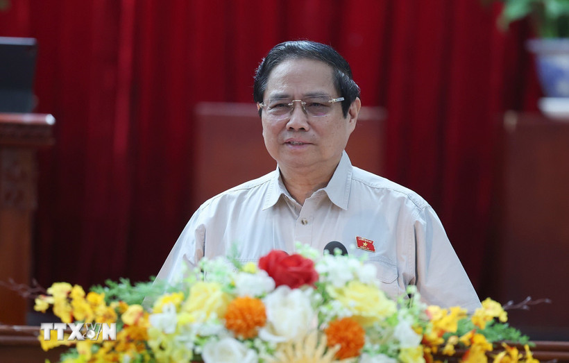 Thủ tướng Phạm Minh Chính phát biểu tại buổi tiếp xúc cử tri thành phố Cần Thơ trước Kỳ họp thứ chín, Quốc hội khoá XV. (Ảnh: Dương Giang/TTXVN)