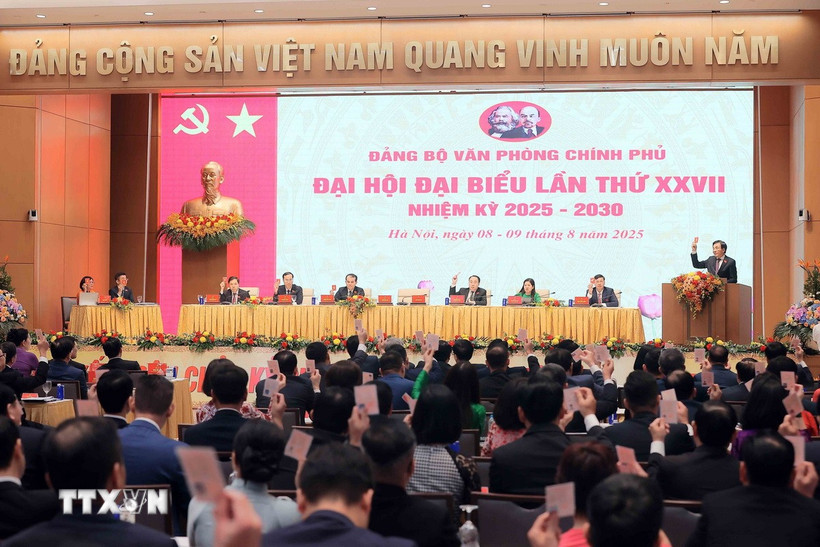 Các đại biểu biểu quyết thông qua các nội dung tại đại hội. (Ảnh: An Đăng/TTXVN)