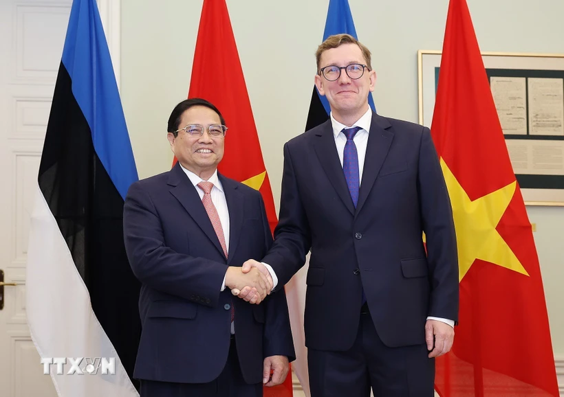 Thủ tướng Phạm Minh Chính hội đàm với Thủ tướng Cộng hòa Estonia Kristen Michal. (Ảnh: Dương Giang/TTXVN)