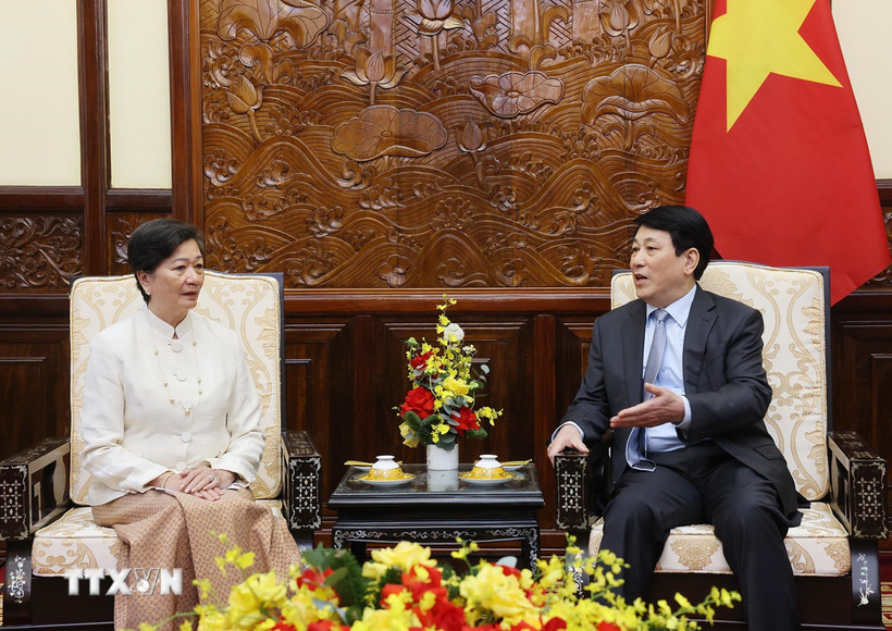 Chủ tịch nước Lương Cường tiếp Đại sứ Vương quốc Campuchia tại Việt Nam Chea Kimtha. (Ảnh: Lâm Khánh/TTXVN)