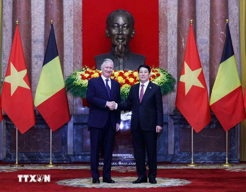 Chủ tịch nước Lương Cường hội kiến Nhà Vua Vương quốc Bỉ Philippe. (Ảnh: Lâm Khánh/TTXVN)