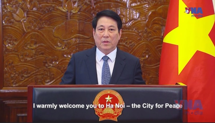 Chủ tịch nước Lương Cường đưa ra thông điệp về Lễ ký Công ước Liên hợp quốc tại Hà Nội. (Ảnh: TTXVN)