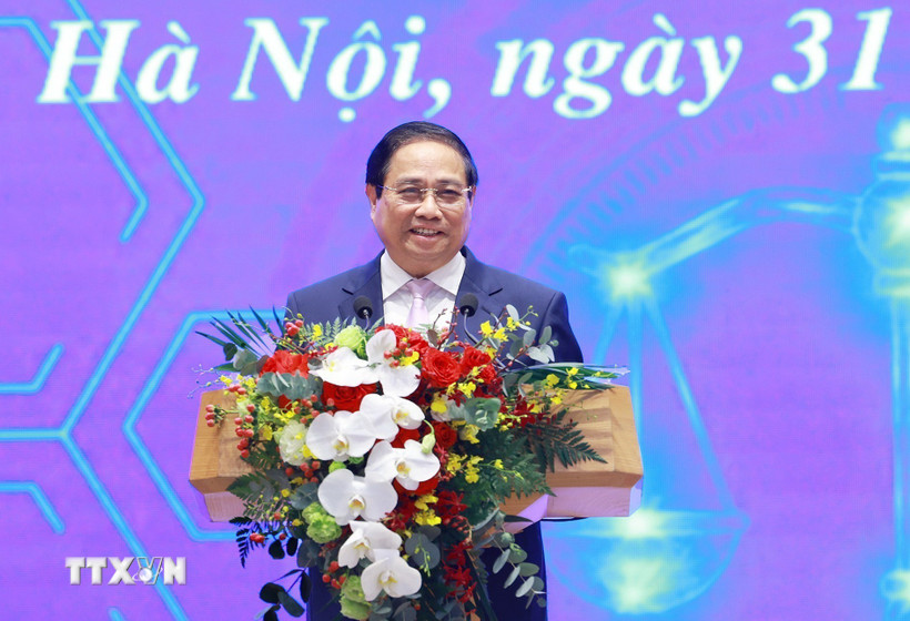 Thủ tướng Phạm Minh Chính phát biểu tại Lễ khai trương Cổng Pháp luật Quốc gia. (Ảnh: Dương Giang/TTXVN)