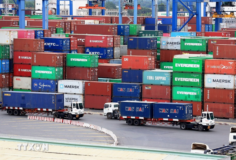 Xe chở container hàng hóa hoạt động tại Tân Cảng Cát Lái, Thành phố Hồ Chí Minh. (Ảnh: Hồng Đạt/TTXVN)