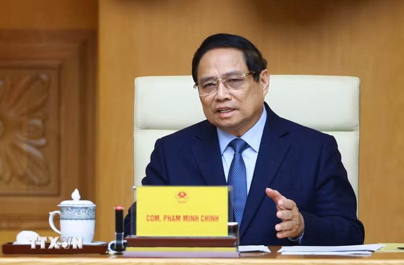 Thủ tướng Phạm Minh Chính phát biểu tại buổi tiếp lãnh đạo các Trường Đại học của Hoa Kỳ sang Việt Nam dự Chương trình Hợp tác Học thuật Quốc tế (IAPP). (Ảnh: Dương Giang/TTXVN)