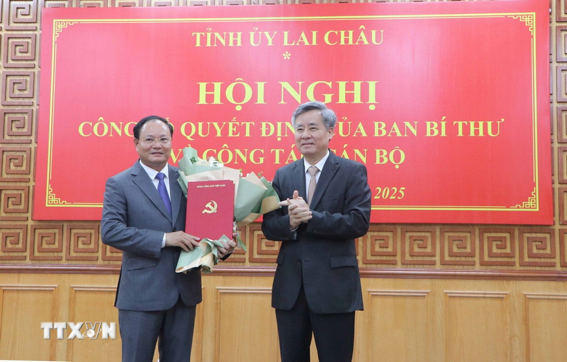 Ủy viên Trung ương Đảng, Phó Trưởng Ban Tổ chức Trung ương Nguyễn Quang Dương trao quyết định cho ông Lê Minh Ngân. (Ảnh: Nguyễn Oanh/TTXVN)