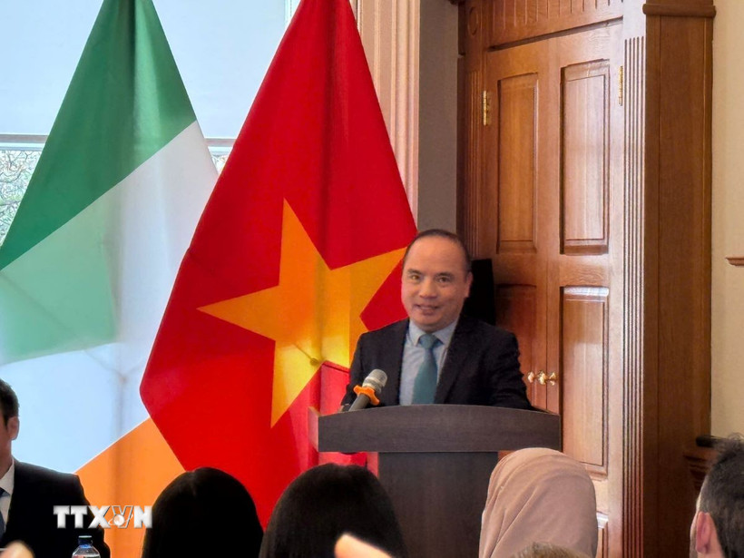 Ông Lê Đình Bá, Tham tán Thương mại, Thương vụ Việt Nam tại Anh (kiêm nhiệm Ireland) phát biểu tại diễn đàn. (Ảnh: TTXVN phát)