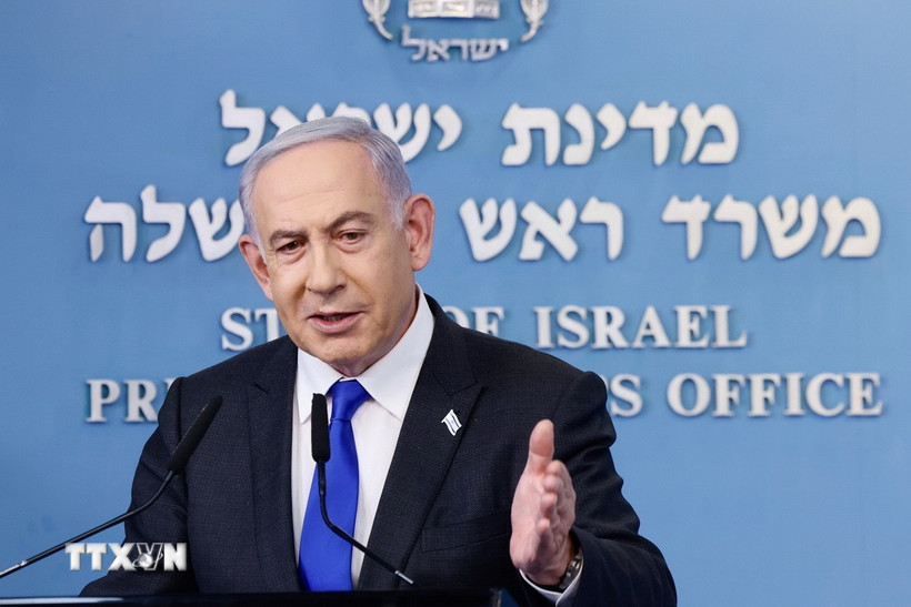 Thủ tướng Israel Benjamin Netanyahu phát biểu tại một cuộc họp báo ở Jerusalem. (Ảnh: THX/TTXVN)
