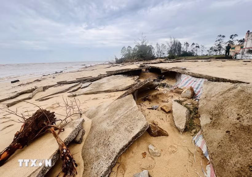Sóng biển gây sạt lở, ăn sâu vào đất liền thôn Thanh Hải, xã Bắc Trạch. (Ảnh: Nguyên Linh/TTXVN)