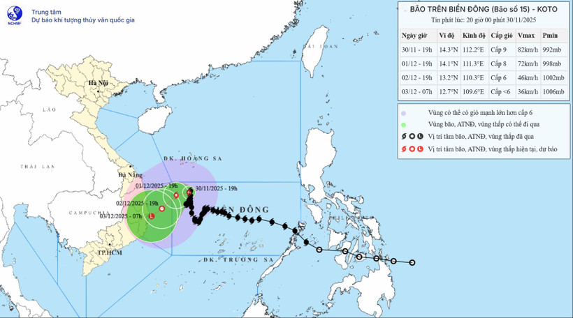 Vị trí và đường đi của bão số 15. (Nguồn: Trung tâm Dự báo Khí tượng Thủy văn Quốc gia)