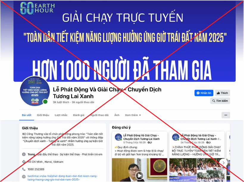 Một fanpage giả mạo chương trình “Toàn dân tiết kiệm năng lượng hưởng ứng Giờ Trái Đất năm 2025."