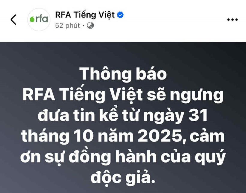Thông báo tạm ngừng hoạt động của RFA tiếng Việt.