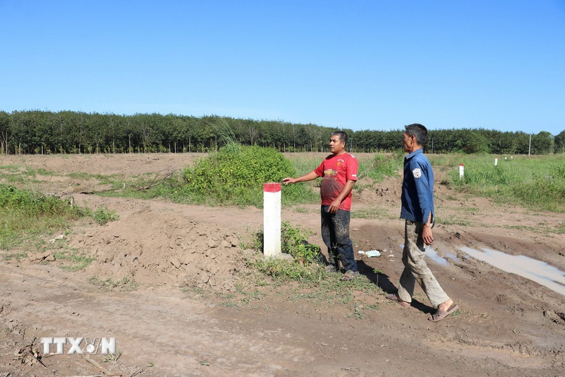 Gia đình ông Đinh Ngọc Trường (phải) bàn giao khoảng 1.000m2 đã đồng thuận ủng hộ dự án cao tốc ngay từ đầu. (Ảnh: K GỬIH/TTXVN)