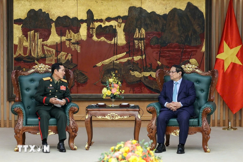 Quang cảnh buổi hội đàm giữa đoàn đại biểu quân sự cấp cao Quân đội Nhân dân Việt Nam và đoàn đại biểu quân sự cấp cao Quân đội Nhân dân Lào. (Ảnh: Trọng Đức/TTXVN)