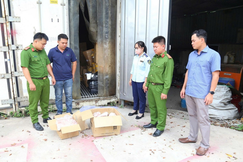 Công an tỉnh Bình Dương phát hiện hơn 11 tấn thực phẩm đông lạnh không rõ nguồn gốc. (Ảnh: TTXVN phát)