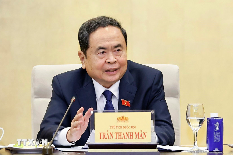 Chủ tịch Quốc hội Trần Thanh Mẫn, Trưởng Ban Tổ chức Diễn đàn về xây dựng pháp luật phát biểu. (Ảnh: Doãn Tấn/TTXVN)