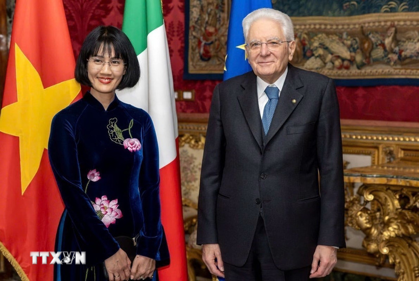 Đại sứ Việt Nam tại Cộng hòa Italy Nguyễn Phương Anh trình Quốc thư lên Tổng thống Italy Sergio Mattarella. (Ảnh: Đại sứ quán Việt Nam tại Italy cung cấp)