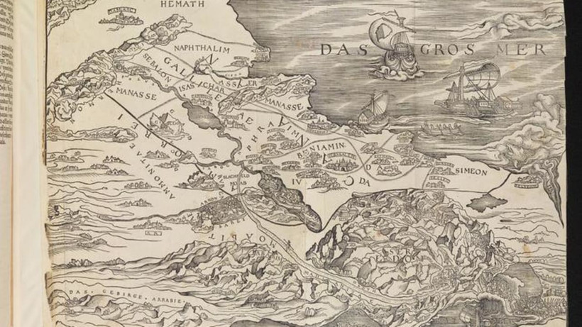 Bản đồ Đất Thánh của Lucas Cranach the Elder trong Kinh Thánh Cựu ước do Christopher Froschauer xuất bản (Zürich, 1525) tại Thư viện Wren, Trinity College, Cambridge. (Ảnh: Cambridge)