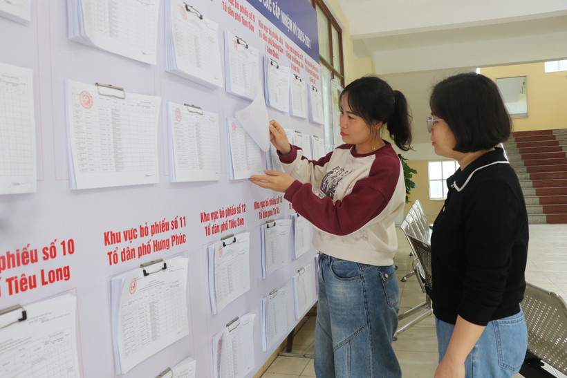 Cử tri phường Tam Sơn, tỉnh Bắc Ninh tìm hiểu danh sách cử tri bầu cử. (Ảnh: Thanh Thương/TTXVN)