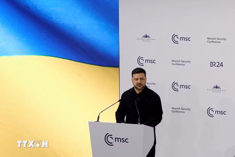 Tổng thống Ukraine Volodymyr Zelensky phát biểu tại Hội nghị An ninh Munich ở Munich, Đức ngày 14/2/2026. (Ảnh: THX/TTXVN)