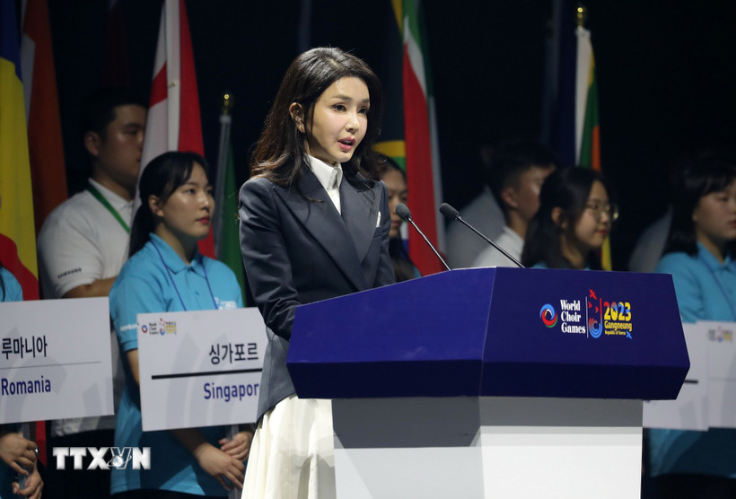 Bà Kim Keon Hee phát biểu tại một sự kiện ở Gangneung, Hàn Quốc, ngày 3/7/2023. (Ảnh: Yonhap/TTXVN)