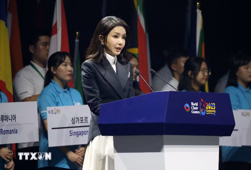 Bà Kim Keon Hee phát biểu tại một sự kiện ở Gangneung, Hàn Quốc, ngày 3/7/2023. (Ảnh: Yonhap/TTXVN)