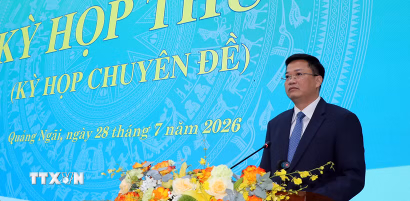 Ông Nguyễn Đức Tâm, Chủ tịch Ủy ban Nhân dân tỉnh Quảng Ngãi nhiệm kỳ 2026-2031, phát biểu nhận nhiệm vụ. (Ảnh: Cao Nguyên/TTXVN)