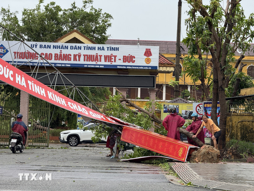 Người dân Hà Tĩnh dồn sức khắc phục thiệt hại do bão số 10. (Ảnh: Hoàng Ngà/TTXVN)