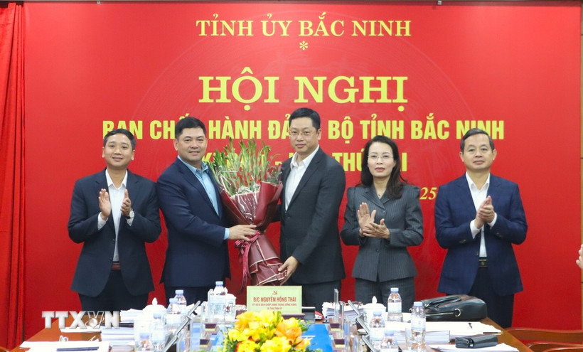 Các đồng chí Thường trực Tỉnh ủy chúc mừng ông Trần Huy Phương. (Ảnh: Thái Hùng/TTXVN)