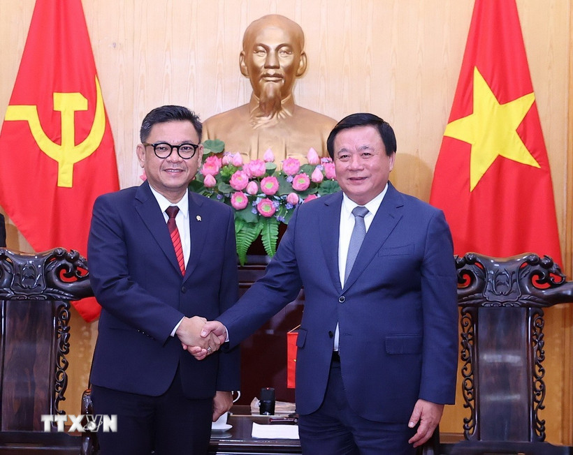 Giáo sư, Tiến sỹ Nguyễn Xuân Thắng tiếp Tiến sỹ Ace Hasan Syadzily, Chủ tịch Học viện Tự cường Dân tộc Cộng hòa Indonesia. (Ảnh: Văn Điệp/TTXVN)