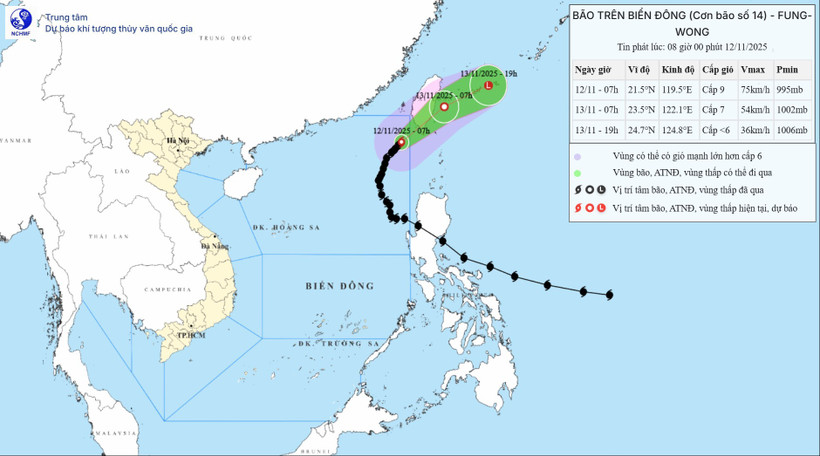 Hướng đi của cơn bão. (Ảnh: Trung tâm Dự báo Khí tượng Thủy văn Quốc gia)