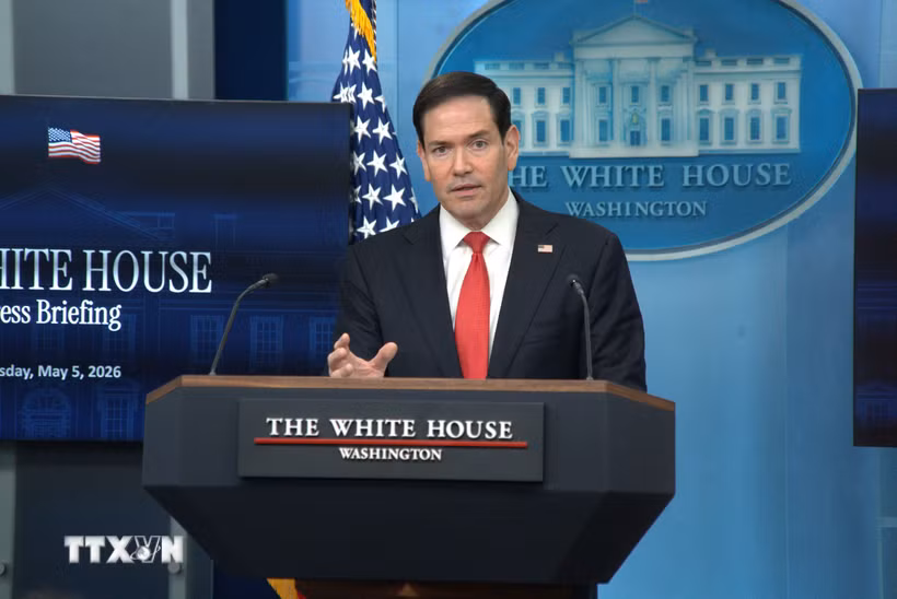 Ngoại trưởng Mỹ Marco Rubio phát biểu tại cuộc họp báo ở Nhà Trắng, Washington, D.C. (Ảnh: THX/TTXVN phát)